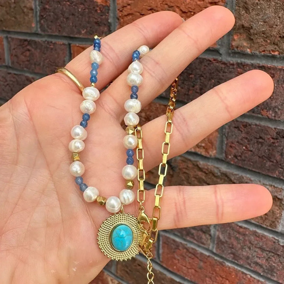 Medallion Turquoise 18K Gold Stainless Steel Waterproof Necklace - Picture 4 of 10